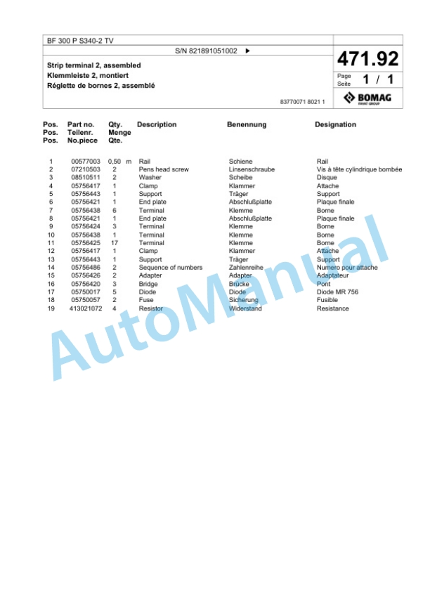 Bomag BF 300 P S340-2 TV Paver Spare Parts Catalogue 00800755-2