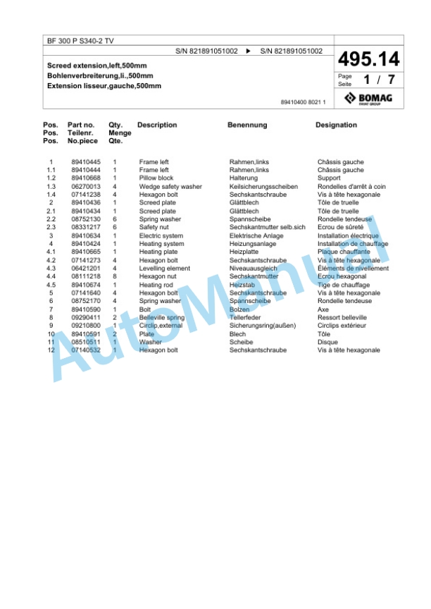 Bomag BF 300 P S340-2 TV Paver Spare Parts Catalogue 00800755-5