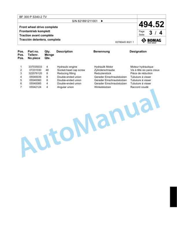 Bomag BF 300 P S340-2 TV Paver Spare Parts Catalogue 00800817-3