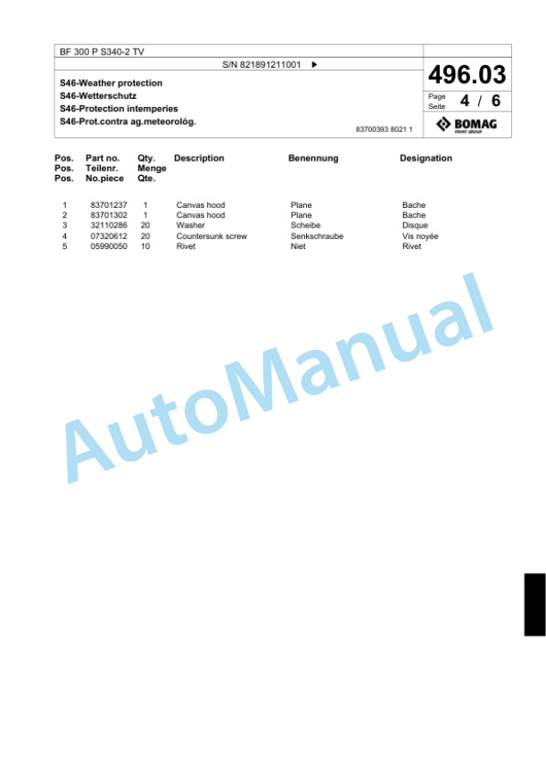 Bomag BF 300 P S340-2 TV Paver Spare Parts Catalogue 00800817-4