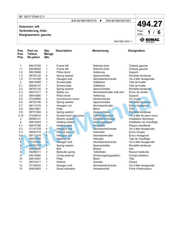 Bomag BF 300 P S340-2 V Paver Spare Parts Catalogue 00800763-3