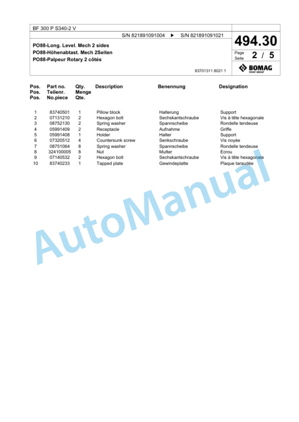 Bomag BF 300 P S340-2 V Paver Spare Parts Catalogue 00800763-4