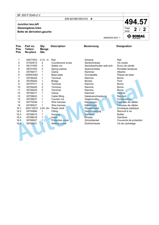 Bomag BF 300 P S340-2 V Paver Spare Parts Catalogue 00800763-5