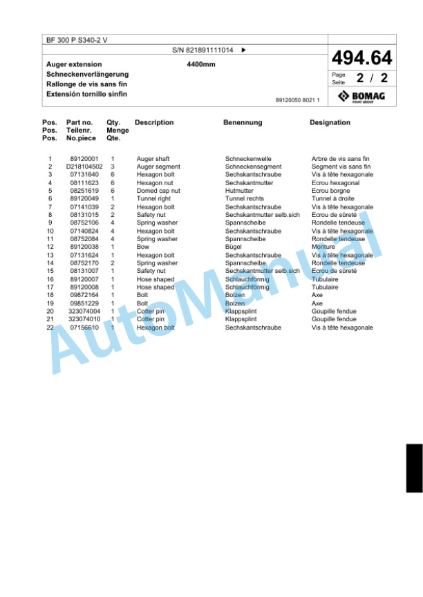 Bomag BF 300 P S340-2 V Paver Spare Parts Catalogue 00800767-4