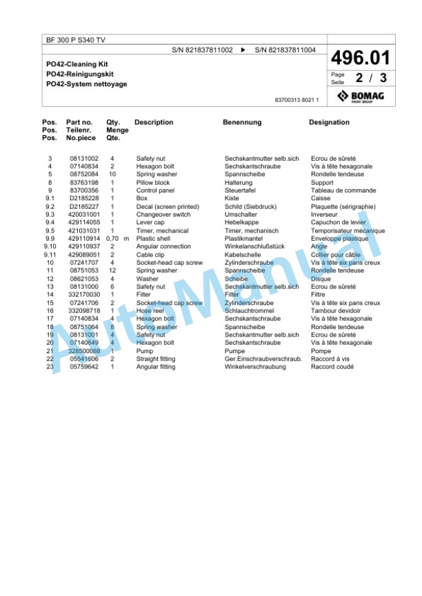 Bomag BF 300 P S340 TV Paver Spare Parts Catalogue 00800715-5