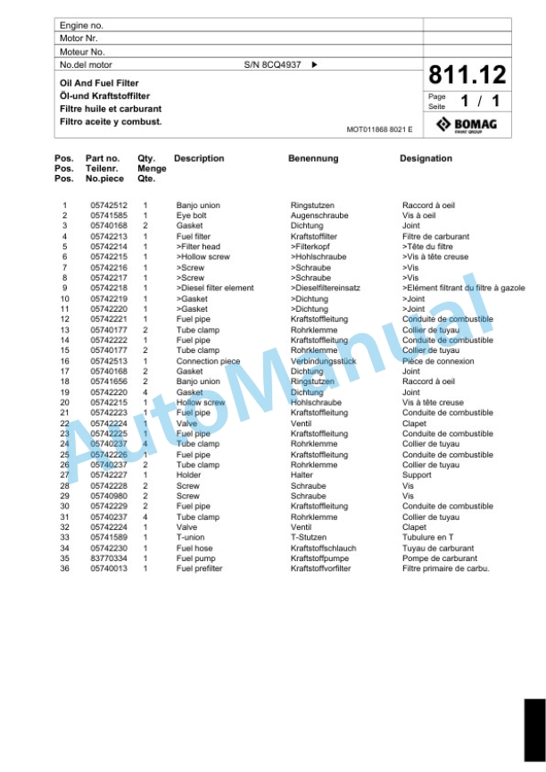 Bomag BF 300 P S340 TV Paver Spare Parts Catalogue 00824187-5