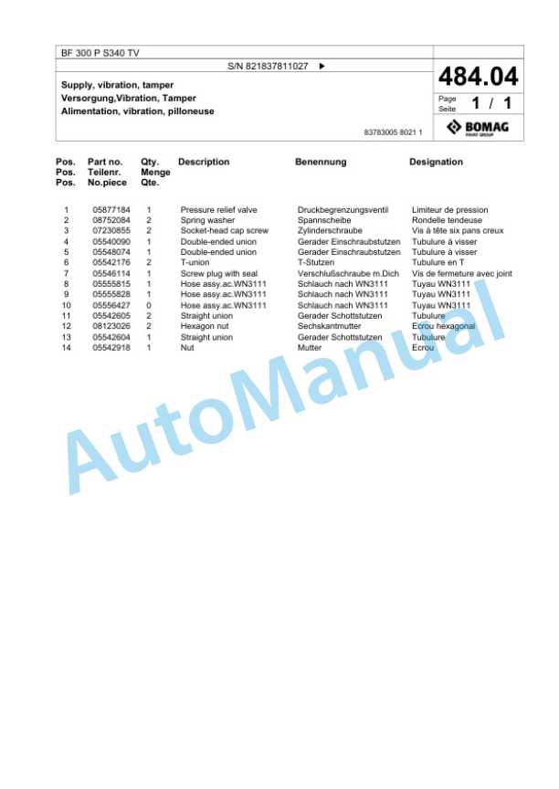 Bomag BF 300 P S340 TV Paver Spare Parts Catalogue 00824235-2