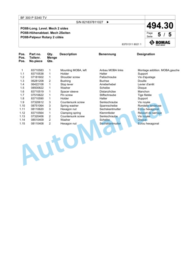 Bomag BF 300 P S340 TV Paver Spare Parts Catalogue 00824235-3