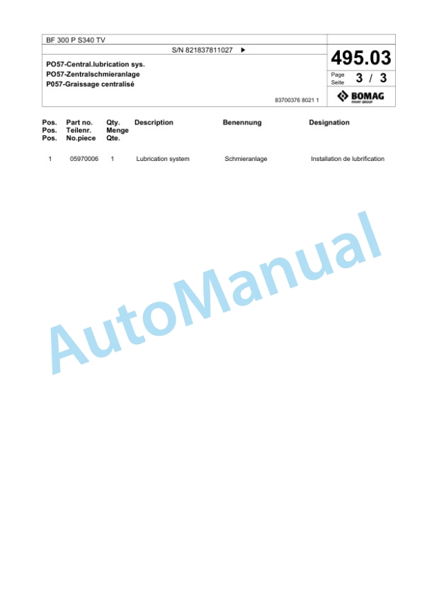 Bomag BF 300 P S340 TV Paver Spare Parts Catalogue 00824235-4