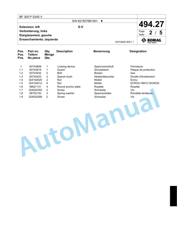 Bomag BF 300 P S340 V Paver Spare Parts Catalogue 00800711-3
