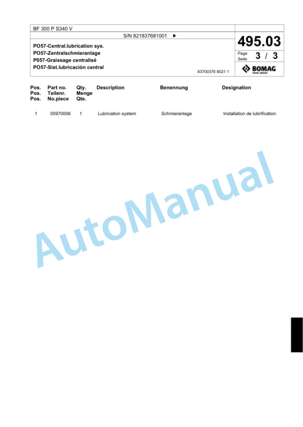 Bomag BF 300 P S340 V Paver Spare Parts Catalogue 00800711-4