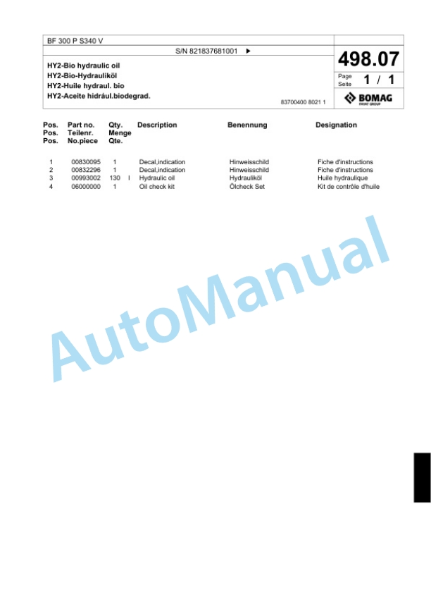 Bomag BF 300 P S340 V Paver Spare Parts Catalogue 00800711-5