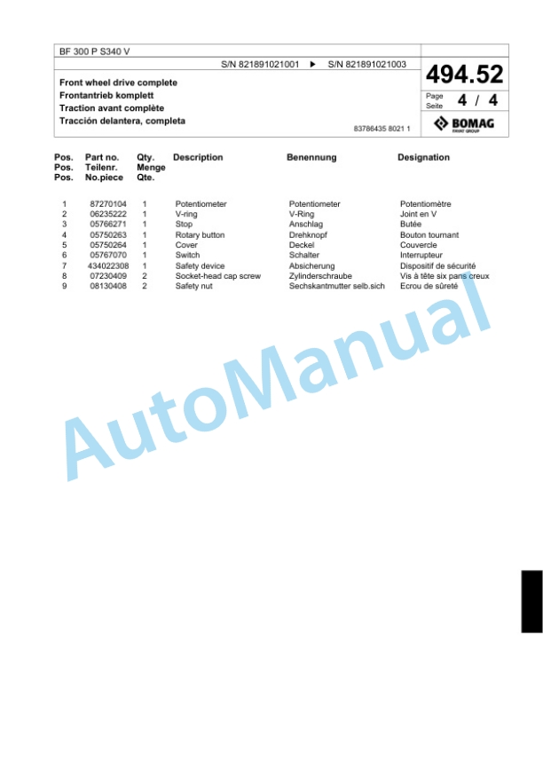 Bomag BF 300 P S340 V Paver Spare Parts Catalogue 00824189-3