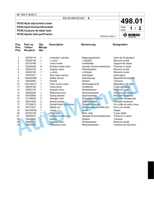 Bomag BF 300 P S340 V Paver Spare Parts Catalogue 00824189-4