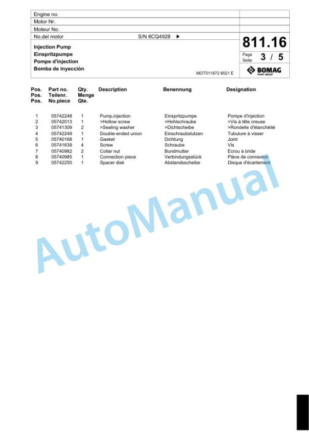 Bomag BF 300 P S340 V Paver Spare Parts Catalogue 00824189-5