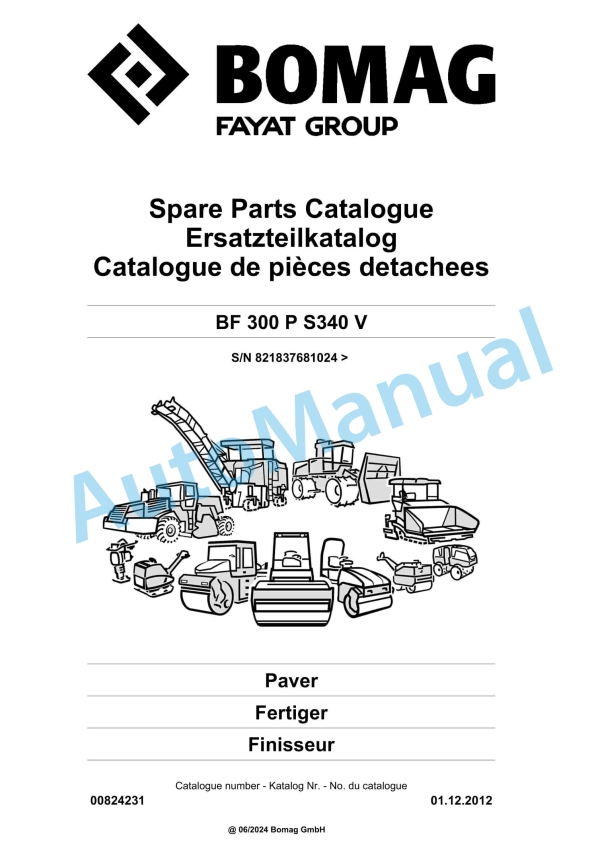 Bomag BF 300 P S340 V Paver Spare Parts Catalogue 00824231