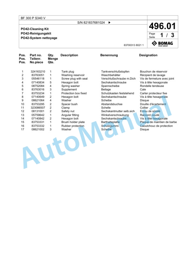 Bomag BF 300 P S340 V Paver Spare Parts Catalogue 00824231-4
