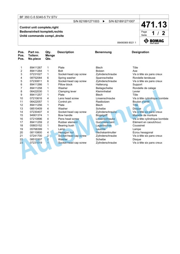 Bomag BF 350 C-5 S340-5 TV STV Paver Spare Parts Catalogue 00827027-2