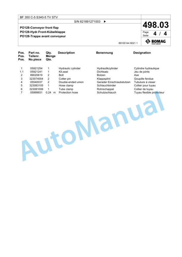 Bomag BF 350 C-5 S340-5 TV STV Paver Spare Parts Catalogue 00827027-5