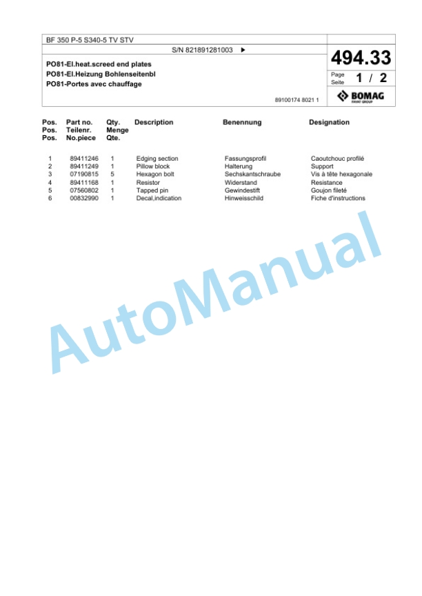 Bomag BF 350 P-5 S340-5 TV STV Paver Spare Parts Catalogue 00827029-3