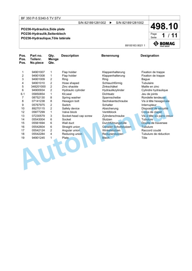 Bomag BF 350 P-5 S340-5 TV STV Paver Spare Parts Catalogue 00827029-5