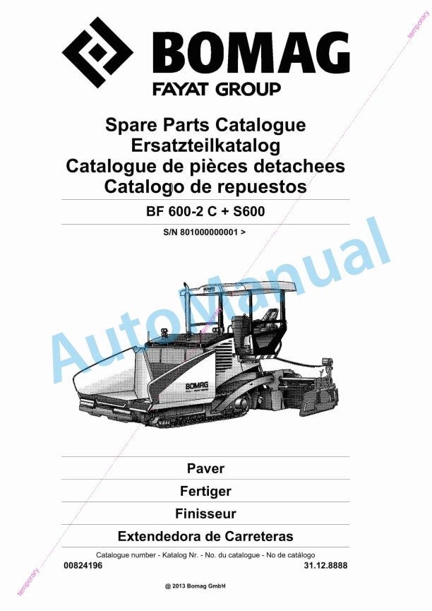 Bomag BF 600-2 C Plus S600 Paver Spare Parts Catalogue 00824196
