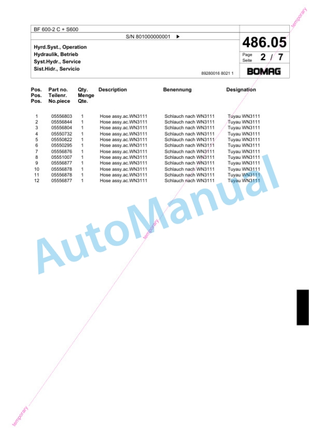 Bomag BF 600-2 C Plus S600 Paver Spare Parts Catalogue 00824196-3