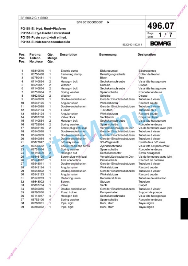 Bomag BF 600-2 C Plus S600 Paver Spare Parts Catalogue 00824196-4