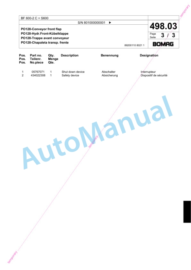 Bomag BF 600-2 C Plus S600 Paver Spare Parts Catalogue 00824196-5
