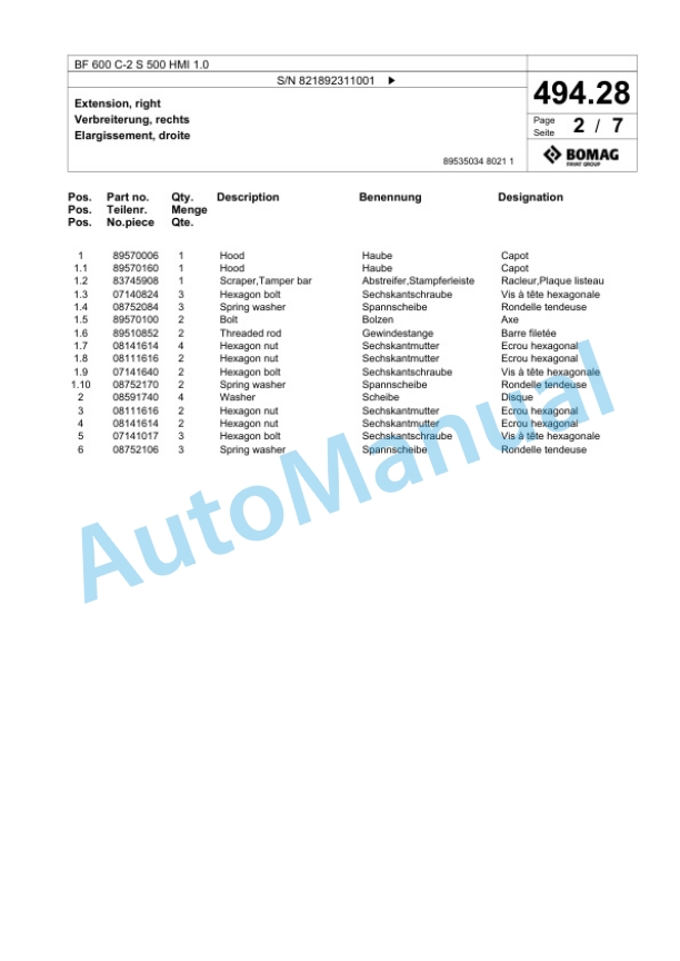 Bomag BF 600 C-2 S 500 HMI 1.0 Paver Spare Parts Catalogue 00825905-2