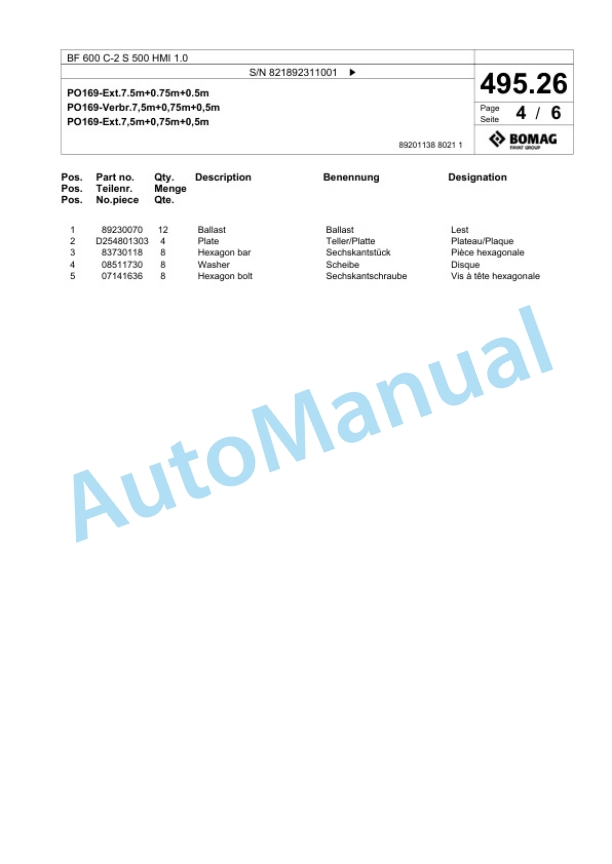Bomag BF 600 C-2 S 500 HMI 1.0 Paver Spare Parts Catalogue 00825905-3