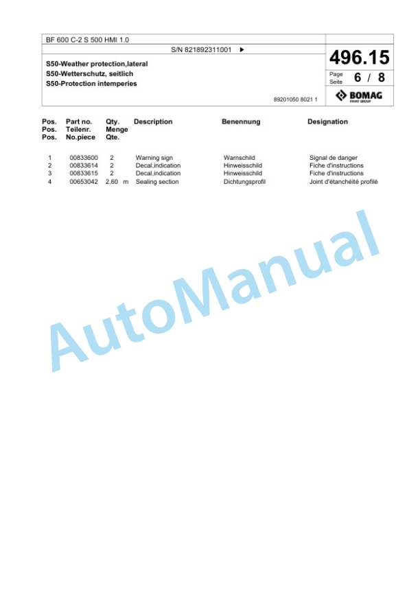 Bomag BF 600 C-2 S 500 HMI 1.0 Paver Spare Parts Catalogue 00825905-4