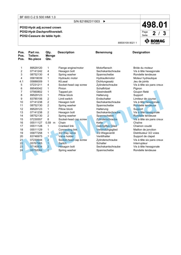 Bomag BF 600 C-2 S 500 HMI 1.0 Paver Spare Parts Catalogue 00825905-5