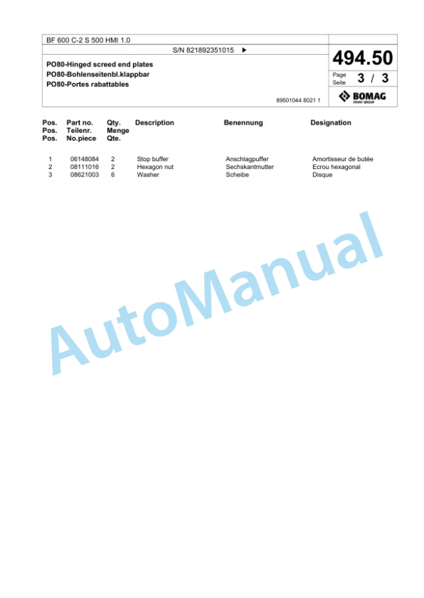Bomag BF 600 C-2 S 500 HMI 1.0 Paver Spare Parts Catalogue 00825921-2