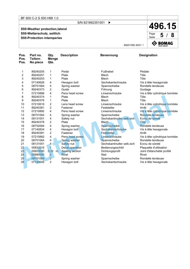 Bomag BF 600 C-2 S 500 HMI 1.0 Paver Spare Parts Catalogue 00825921-3