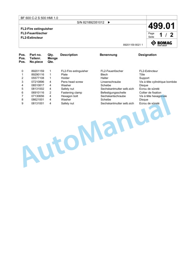 Bomag BF 600 C-2 S 500 HMI 1.0 Paver Spare Parts Catalogue 00825921-4