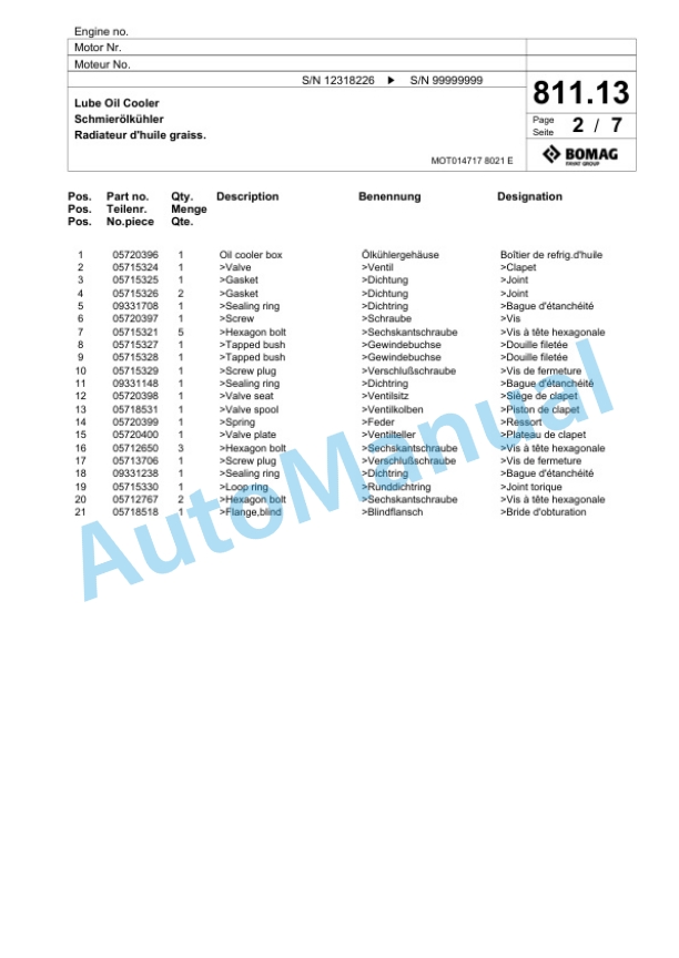 Bomag BF 600 C-2 S 500 HMI 1.0 Paver Spare Parts Catalogue 00825921-5