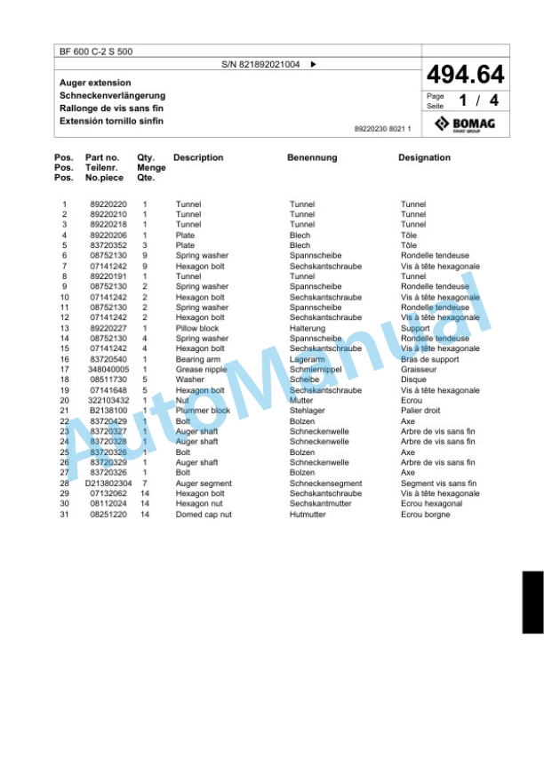 Bomag BF 600 C-2 S 500 Paver Spare Parts Catalogue 00800791-4