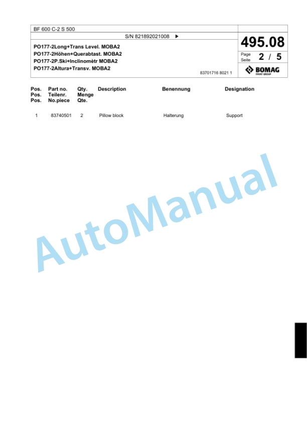 Bomag BF 600 C-2 S 500 Paver Spare Parts Catalogue 00800791-5