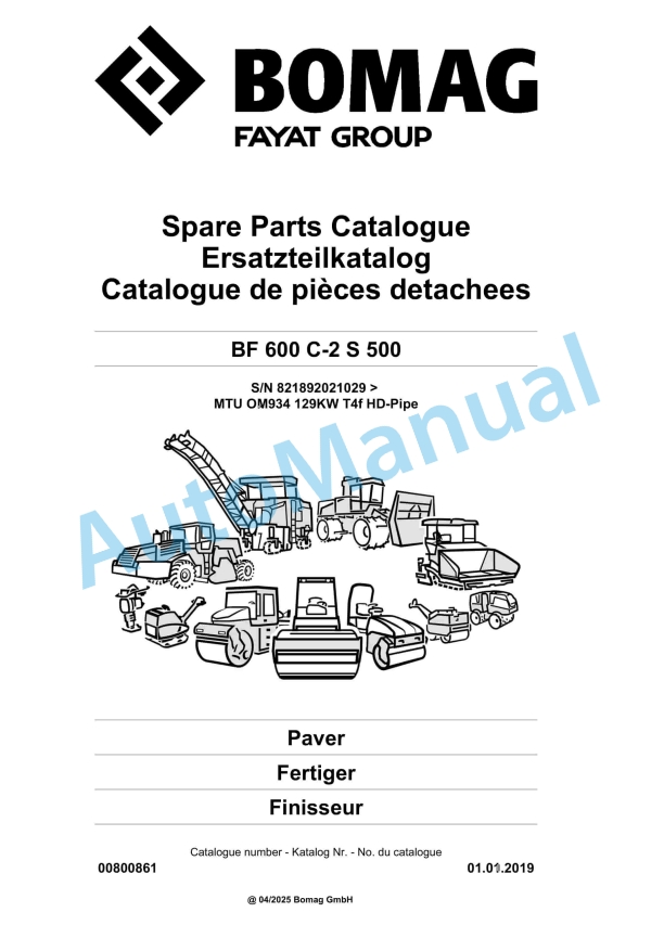 Bomag BF 600 C-2 S 500 Paver Spare Parts Catalogue 00800861