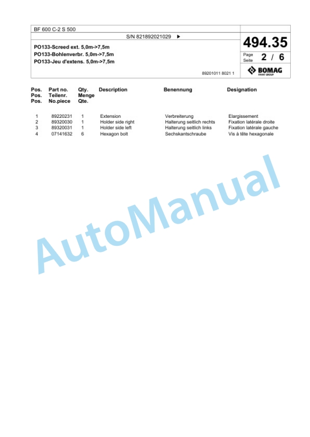 Bomag BF 600 C-2 S 500 Paver Spare Parts Catalogue 00800861-2