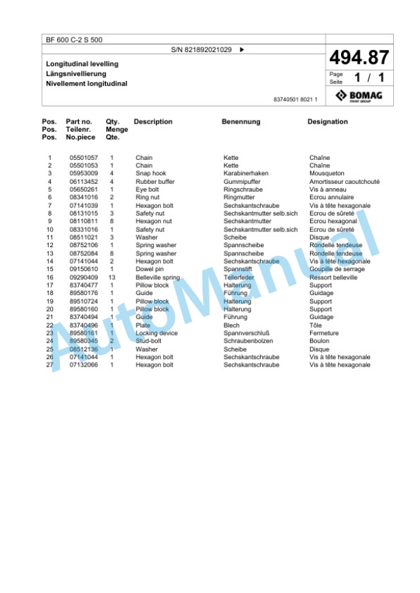 Bomag BF 600 C-2 S 500 Paver Spare Parts Catalogue 00800861-3