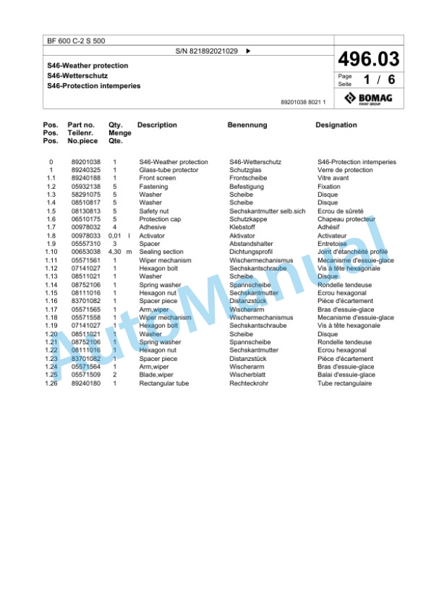 Bomag BF 600 C-2 S 500 Paver Spare Parts Catalogue 00800861-4