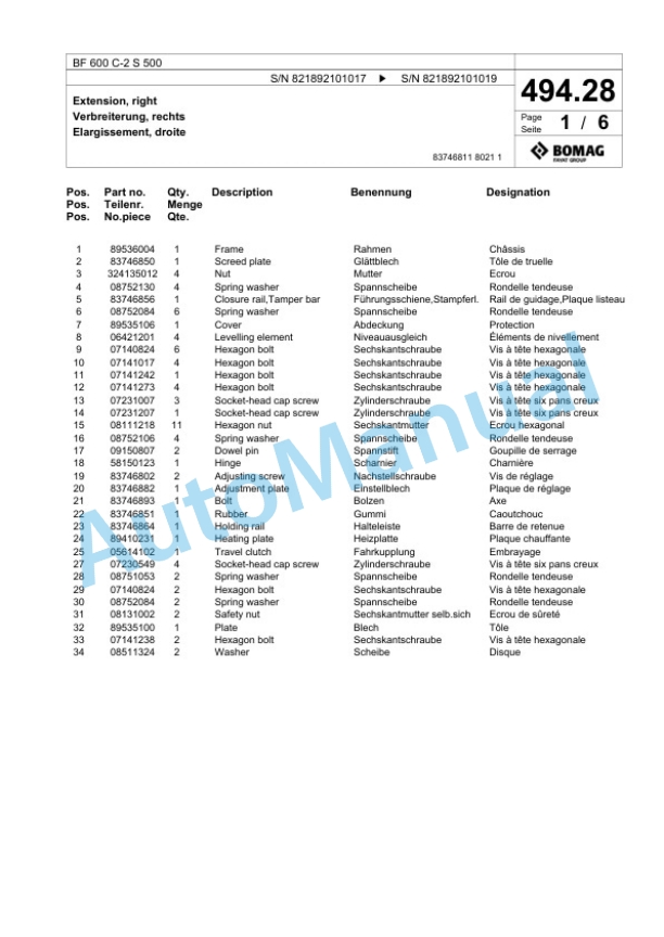 Bomag BF 600 C-2 S 500 Paver Spare Parts Catalogue 00800907-2