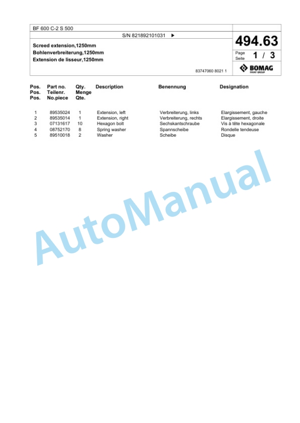 Bomag BF 600 C-2 S 500 Paver Spare Parts Catalogue 00800907-3