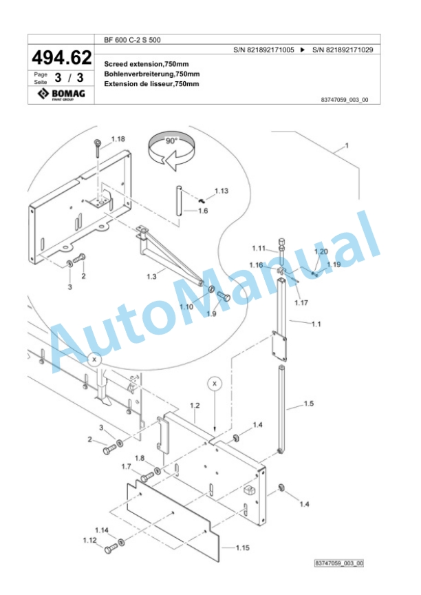 Bomag BF 600 C-2 S 500 Paver Spare Parts Catalogue 00800947-3