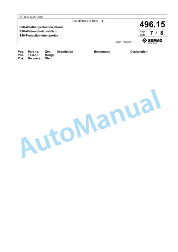 Bomag BF 600 C-2 S 500 Paver Spare Parts Catalogue 00800947-5