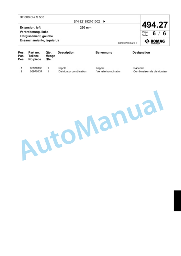 Bomag BF 600 C-2 S 500 Paver Spare Parts Catalogue 00824489-2