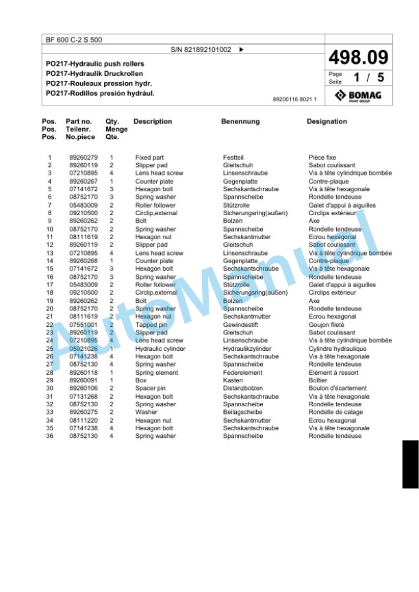 Bomag BF 600 C-2 S 500 Paver Spare Parts Catalogue 00824489-5