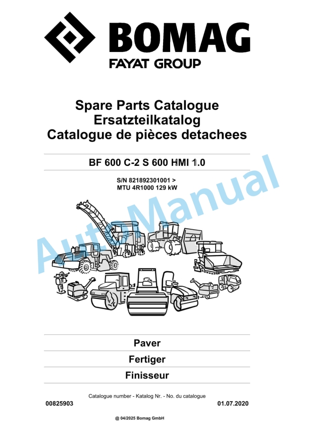 Bomag BF 600 C-2 S 600 HMI 1.0 Paver Spare Parts Catalogue 00825903